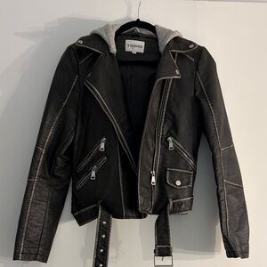 Vigoss Black Faux Leather Moto Jacket with Grey Hood